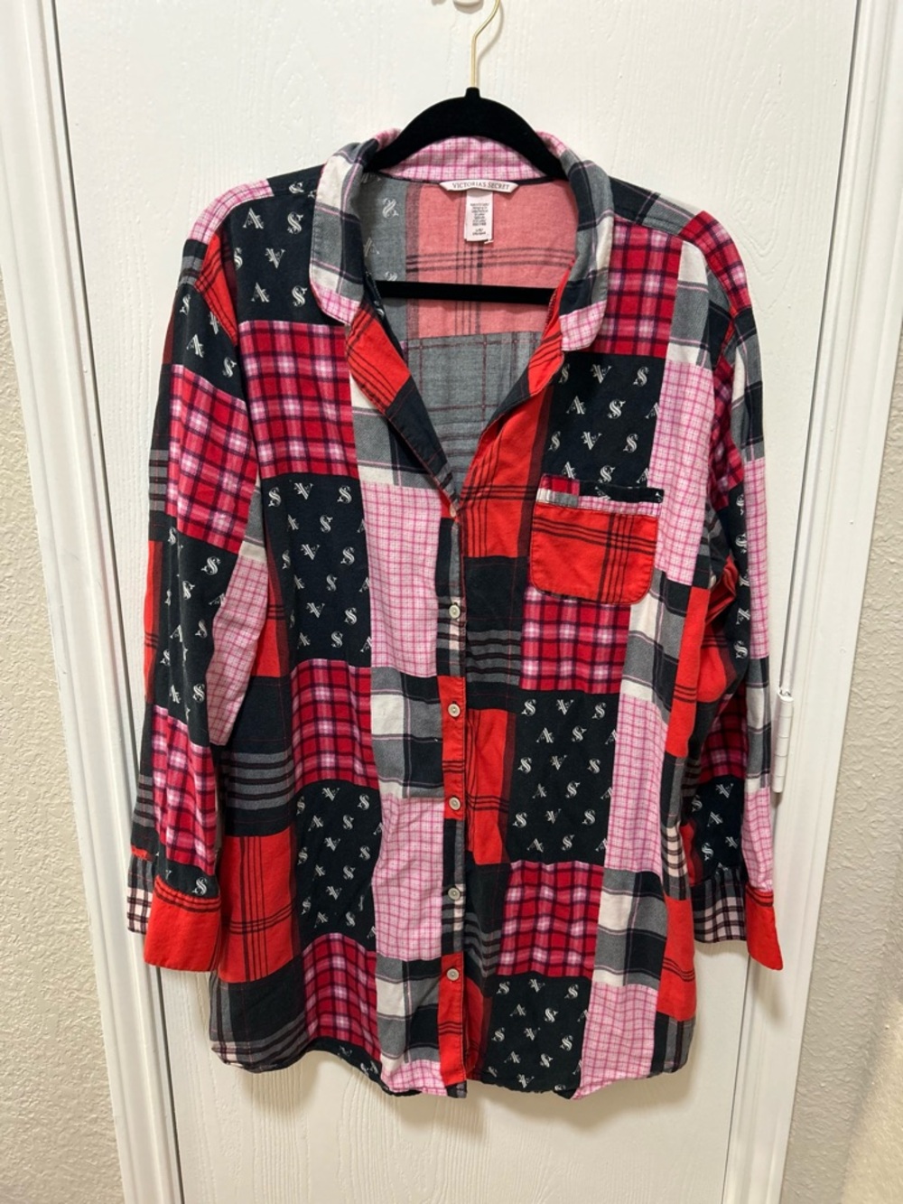 Victoria Secret Patchwork Design Long Sleeve Button Up Night Shirt Size Large